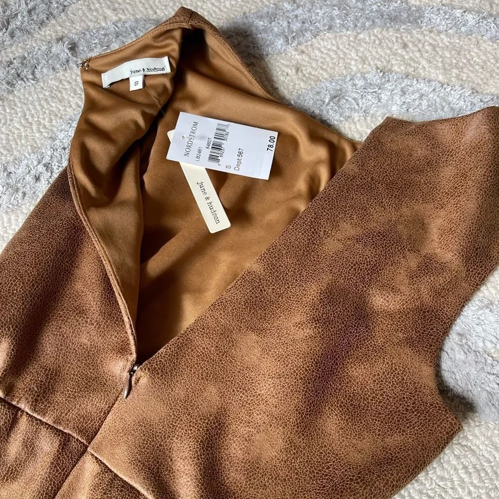 NWT Nordstrom Flattering Vegan Leather Sheath Dress + Slit in Camel Beige SZ S - Picture 6 of 15